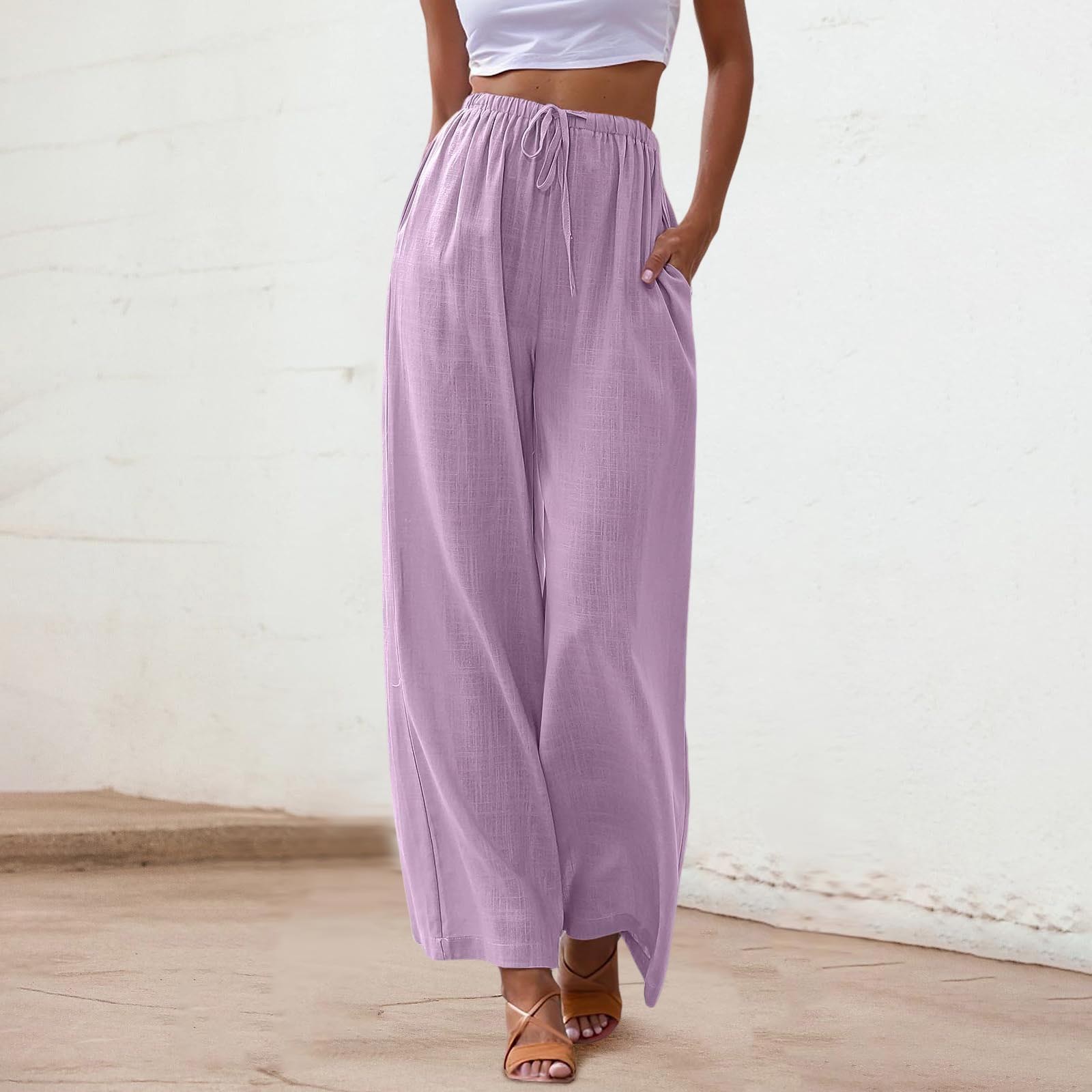 thumbnail image 2 of Pantalones palazzo de lino para mujer con bolsillos - Cintura elástica con cordón, pierna ancha y fluida, adecuados para la playa/uso informal - Tallas S-XXL, 2 of 5
